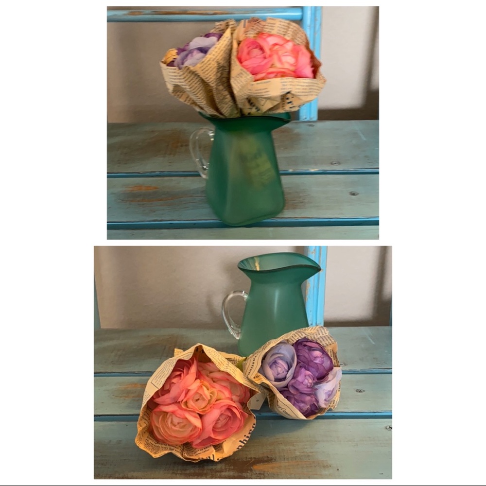 Handblown Small Vase or Creamer W/Silk Flowers